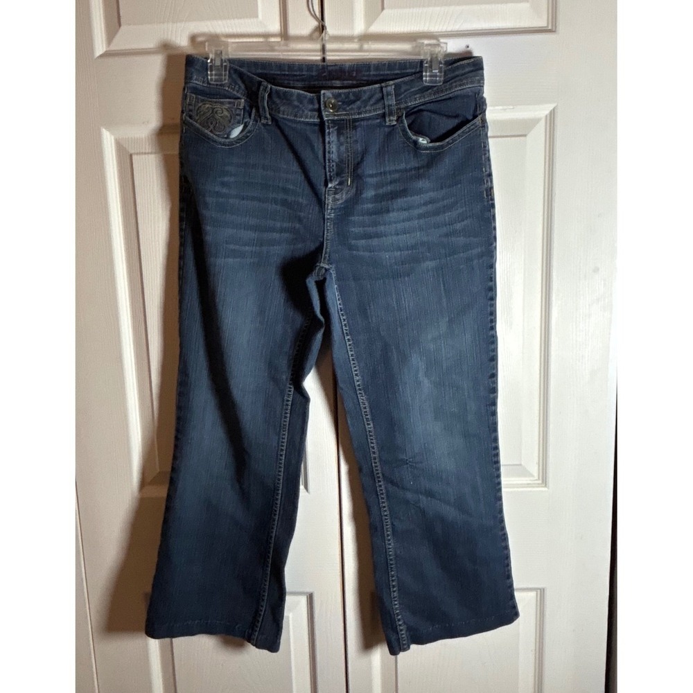 Vintage Gitano Womens Dark Wash Embroidered Flap Pocket Capri Jeans Denim Sz 14